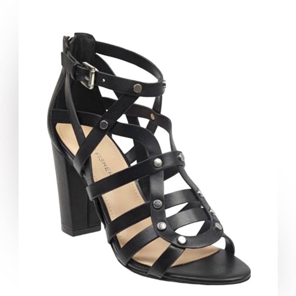 Marc Fisher Lusa Ankle Strap Heeled Sandal in Black w/ Silver studs Sz 8.5